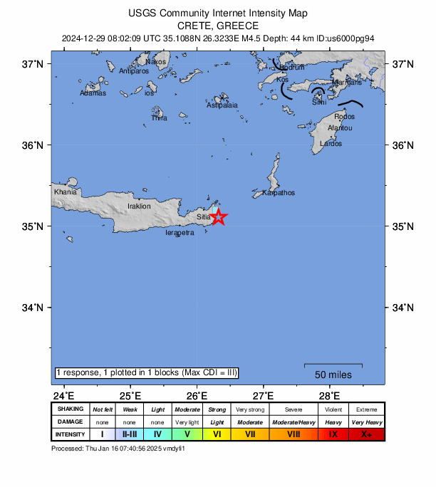 USGS DYFI community-reported intensity map for the M4.5 earthquake near 11 km SSE of Palekastro, Greece