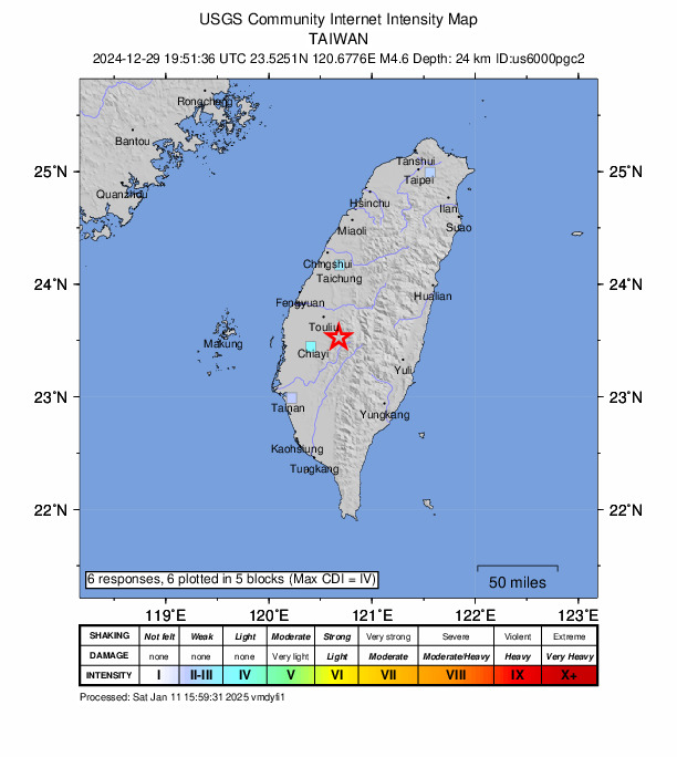 USGS DYFI community-reported intensity map for the M4.6 earthquake near 24 km E of Pizitou, Taiwan