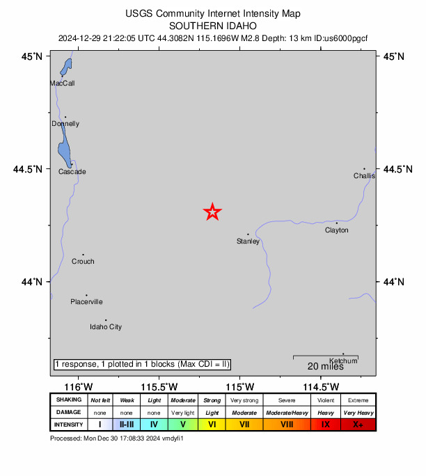 USGS DYFI community-reported intensity map for the M2.8 earthquake near 21 km WNW of Stanley, Idaho