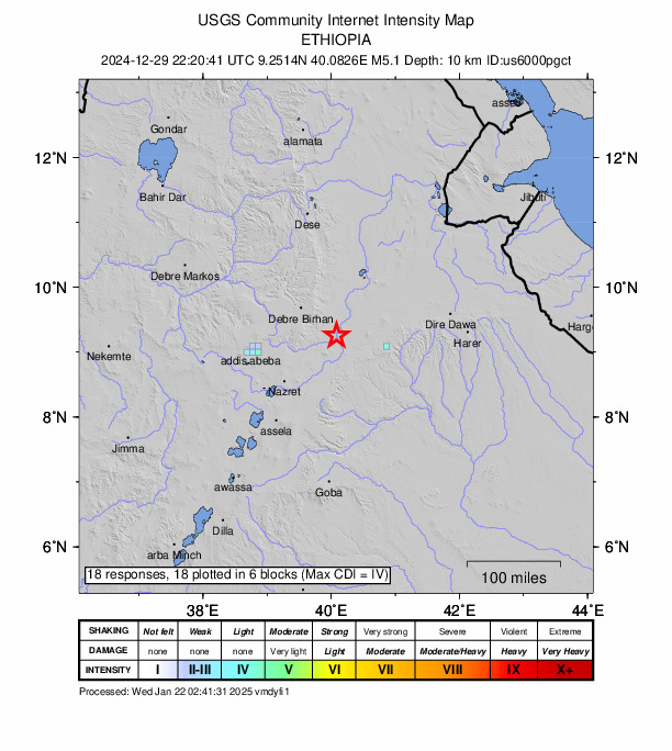 USGS DYFI community-reported intensity map for the M5.1 earthquake near 34 km NNW of Āwash, Ethiopia