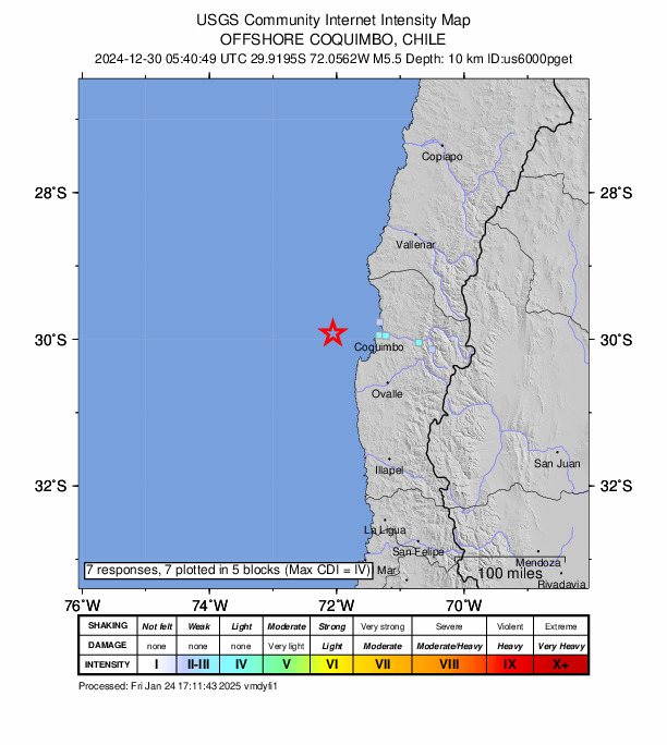 USGS DYFI community-reported intensity map for the M5.5 earthquake near 68 km W of Coquimbo, Chile