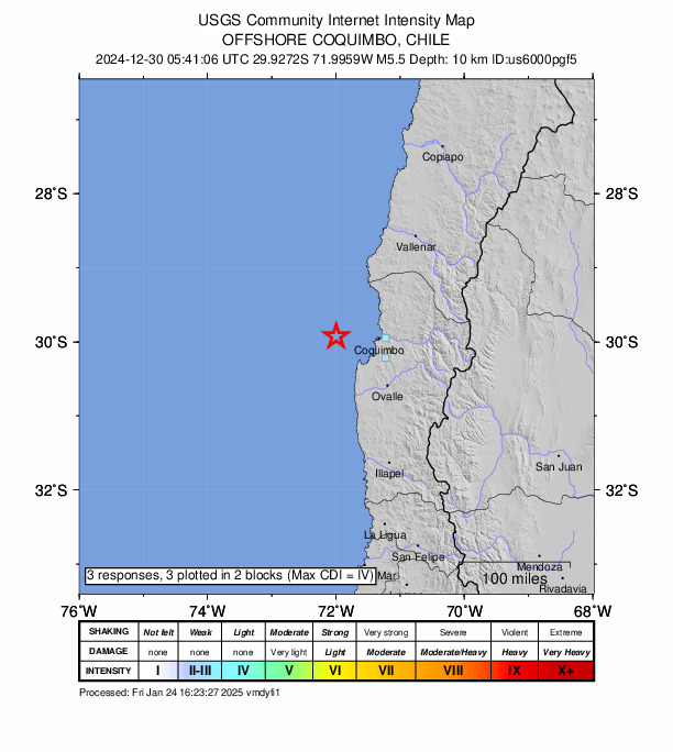USGS DYFI community-reported intensity map for the M5.5 earthquake near 63 km W of Coquimbo, Chile