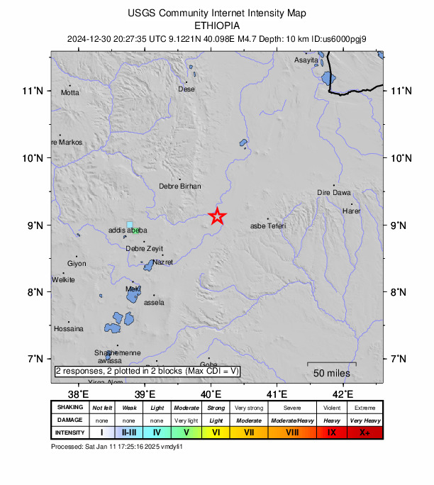 USGS DYFI community-reported intensity map for the M4.7 earthquake near 17 km NNW of Āwash, Ethiopia