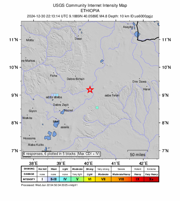 USGS DYFI community-reported intensity map for the M4.8 earthquake near 22 km NW of Āwash, Ethiopia