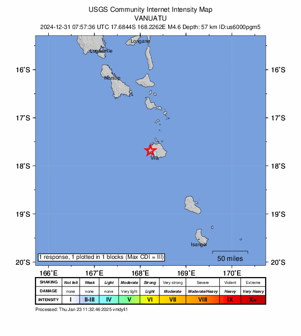 USGS DYFI community-reported intensity map for the M4.6 earthquake near 10 km WNW of Port-Vila, Vanuatu