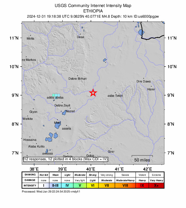 USGS DYFI community-reported intensity map for the M4.8 earthquake near 14 km NW of Āwash, Ethiopia