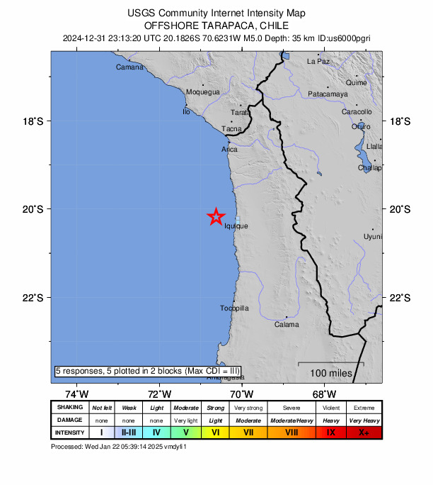 USGS DYFI community-reported intensity map for the M5.0 earthquake near 49 km W of Puerto, Chile