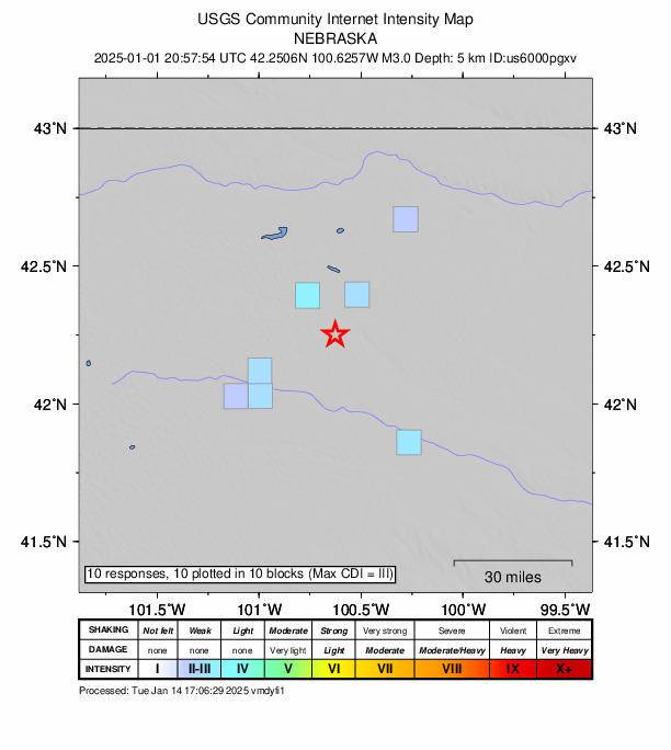 USGS DYFI community-reported intensity map for the M3.0 earthquake near 4 km S of Brownlee, Nebraska