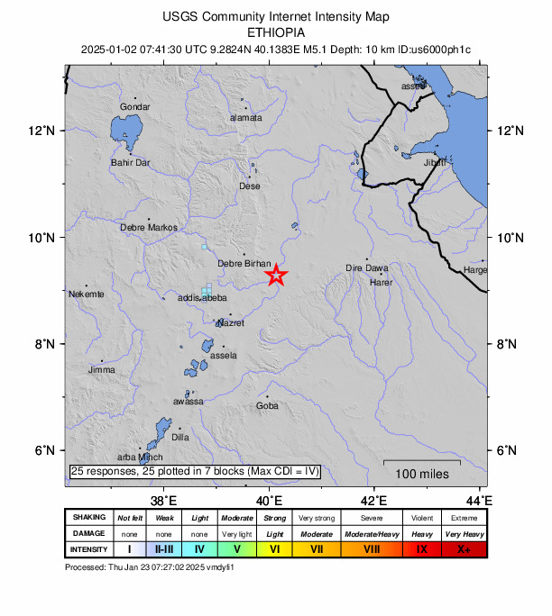 USGS DYFI community-reported intensity map for the M5.1 earthquake near 33 km N of Āwash, Ethiopia