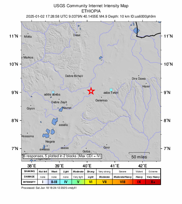 USGS DYFI community-reported intensity map for the M4.9 earthquake near 6 km NNW of Āwash, Ethiopia