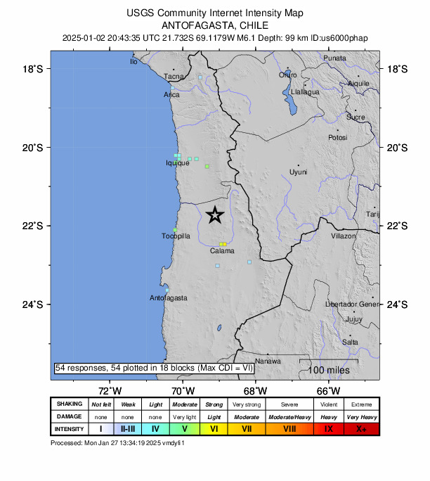 USGS DYFI community-reported intensity map for the M6.1 earthquake near 84 km NNW of Calama, Chile