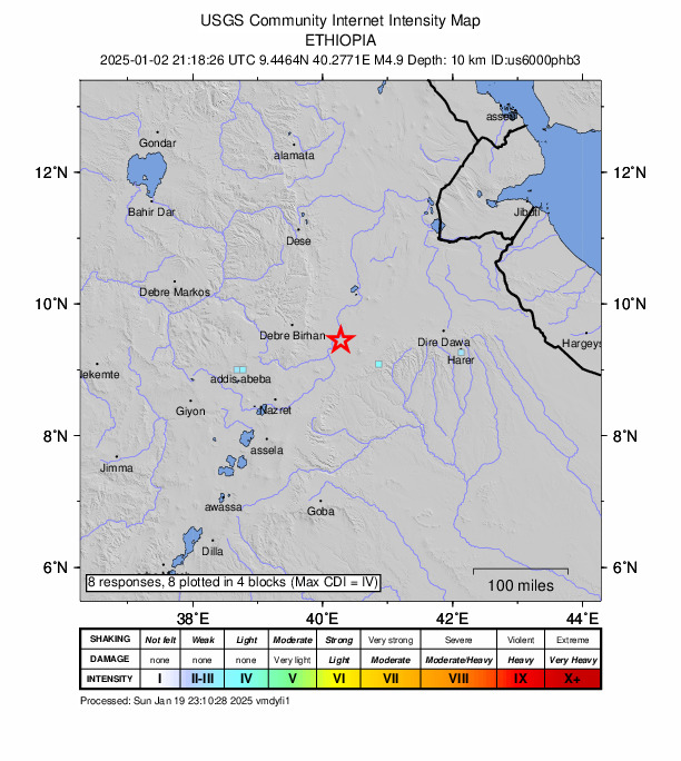 USGS DYFI community-reported intensity map for the M5.4 earthquake near 52 km NNE of Āwash, Ethiopia