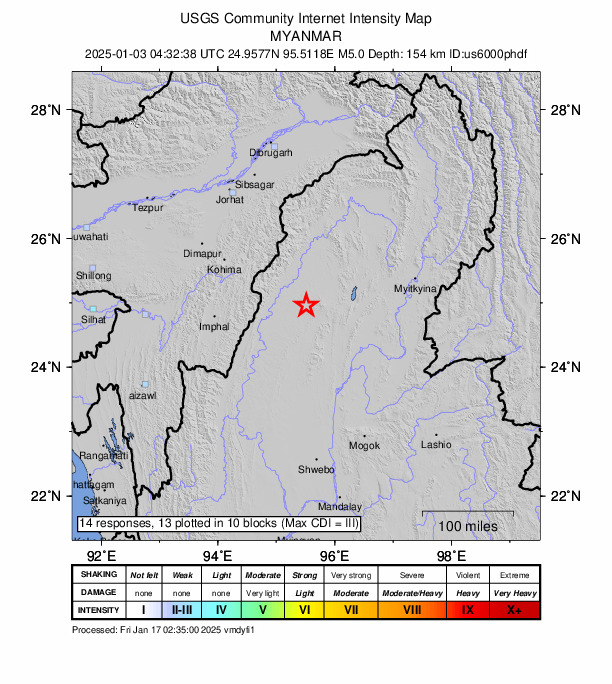 USGS DYFI community-reported intensity map for the M5.0 earthquake near 128 km SE of Phek, India