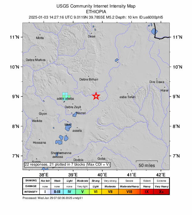 USGS DYFI community-reported intensity map for the M5.2 earthquake near 19 km NW of Metahāra, Ethiopia