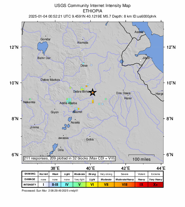 USGS DYFI community-reported intensity map for the M5.7 earthquake near 52 km N of Āwash, Ethiopia