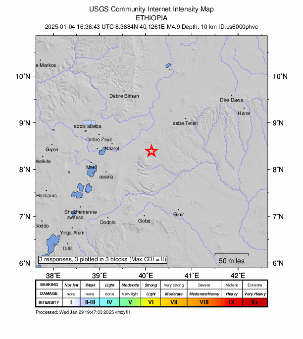 USGS DYFI community-reported intensity map for the M4.9 earthquake near 52 km SSE of Metahāra, Ethiopia