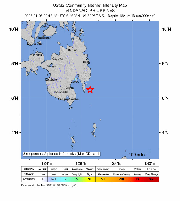 USGS DYFI community-reported intensity map for the M5.1 earthquake near 40 km ENE of Pondaguitan, Philippines
