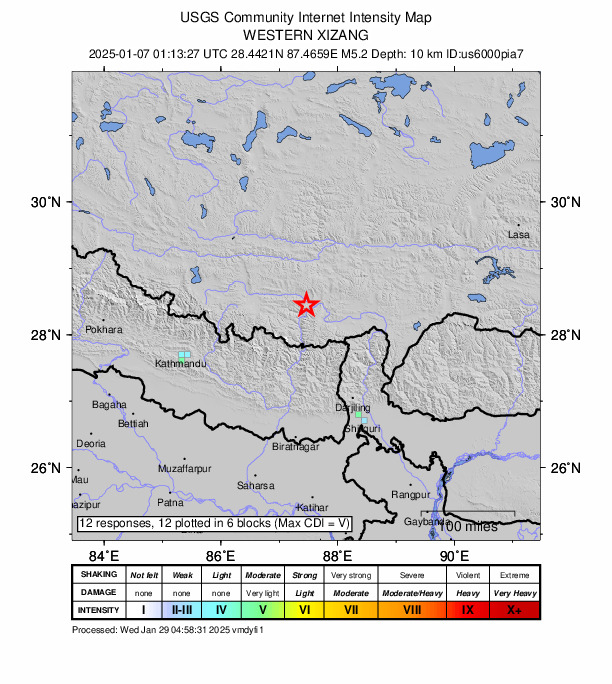 USGS DYFI community-reported intensity map for the M5.2 earthquake near Southern Tibetan Plateau