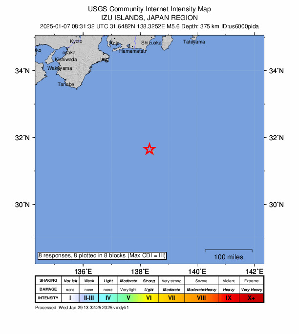 USGS DYFI community-reported intensity map for the M5.6 earthquake near Izu Islands, Japan region