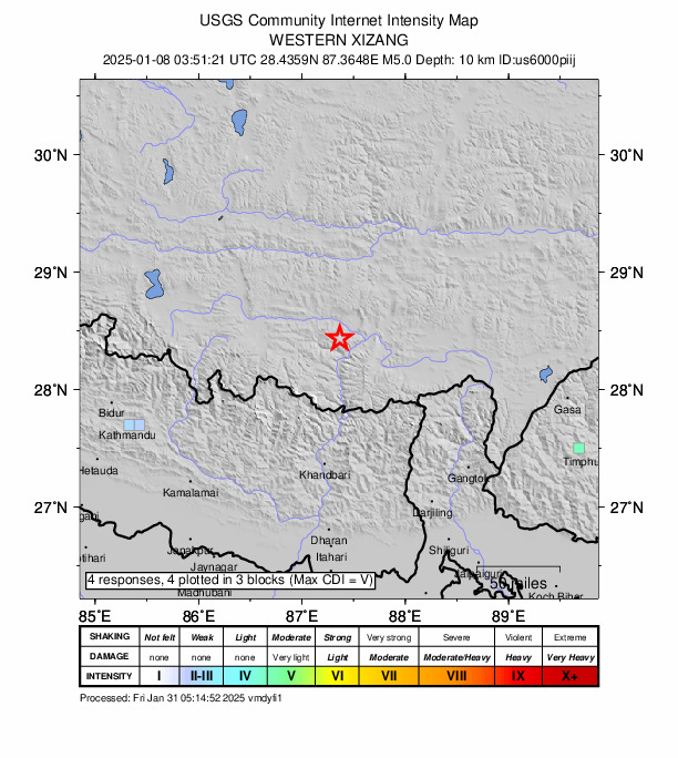 USGS DYFI community-reported intensity map for the M5.0 earthquake near Southern Tibetan Plateau