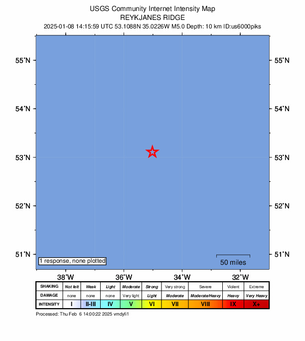 USGS DYFI community-reported intensity map for the M5.0 earthquake near Reykjanes Ridge