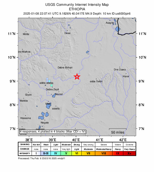USGS DYFI community-reported intensity map for the M4.9 earthquake near 25 km NNW of Āwash, Ethiopia