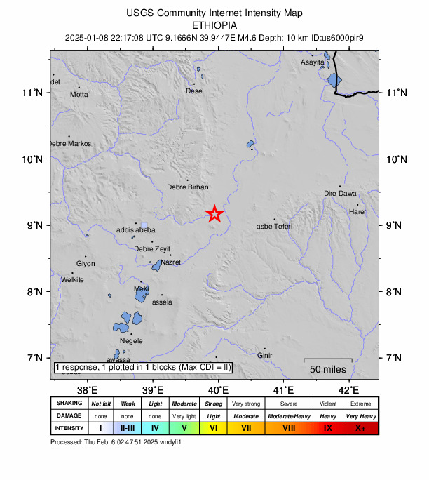USGS DYFI community-reported intensity map for the M4.6 earthquake near 29 km N of Metahāra, Ethiopia