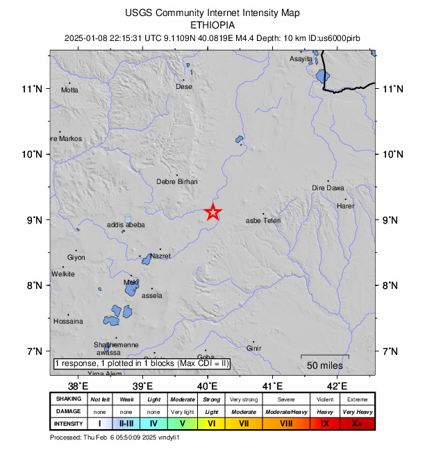 USGS DYFI community-reported intensity map for the M4.4 earthquake near 16 km NNW of Āwash, Ethiopia