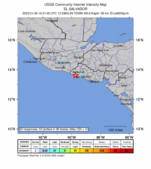 USGS DYFI community-reported intensity map for the M5.8 earthquake near 10 km E of Acajutla, El Salvador