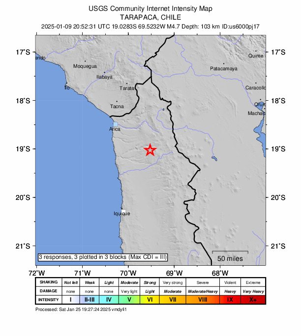 USGS DYFI community-reported intensity map for the M4.7 earthquake near 33 km NNW of Camiña, Chile