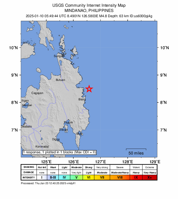 USGS DYFI community-reported intensity map for the M4.8 earthquake near 30 km ENE of Hinatuan, Philippines