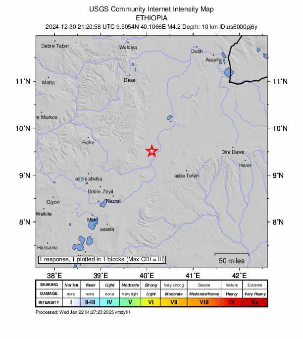 USGS DYFI community-reported intensity map for the M4.2 earthquake near 53 km SE of Debre Sīna, Ethiopia