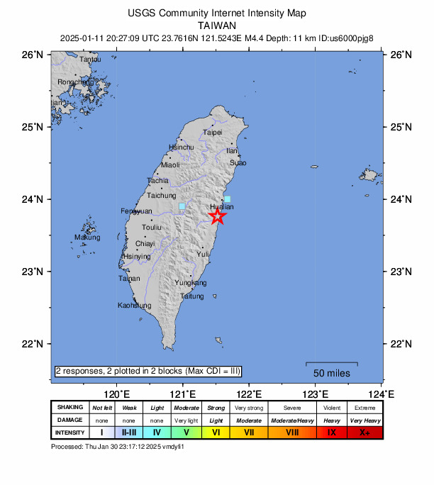 USGS DYFI community-reported intensity map for the M4.4 earthquake near 25 km SSW of Hualien City, Taiwan