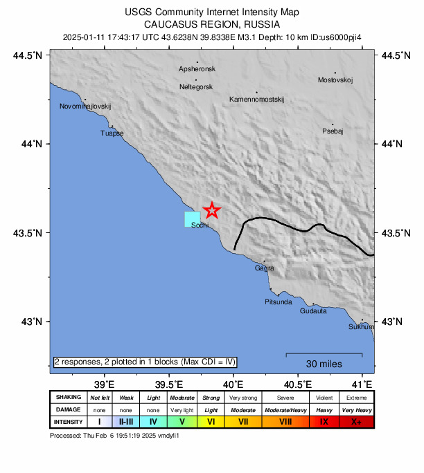 USGS DYFI community-reported intensity map for the M3.1 earthquake near 9 km ENE of Sochi, Russia