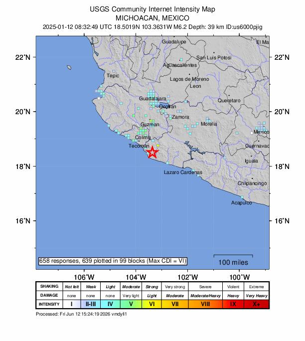 USGS DYFI community-reported intensity map for the M6.2 earthquake near 18 km SE of Aquila, Mexico