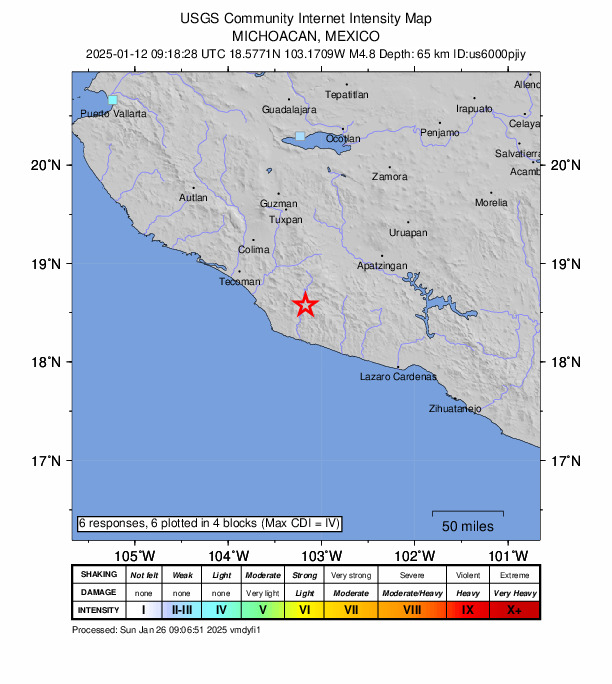USGS DYFI community-reported intensity map for the M4.8 earthquake near 21 km ESE of Aquila, Mexico