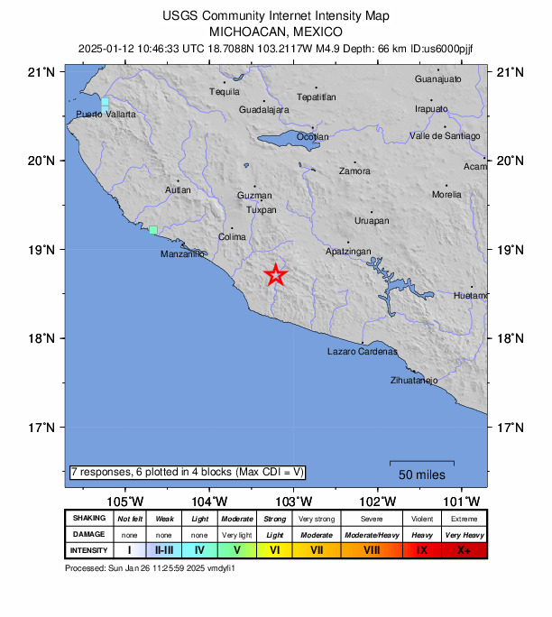 USGS DYFI community-reported intensity map for the M4.9 earthquake near 12 km SSE of Aquila, Mexico
