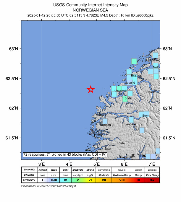 USGS DYFI community-reported intensity map for the M4.5 earthquake near 43 km WNW of Larsnes, Norway