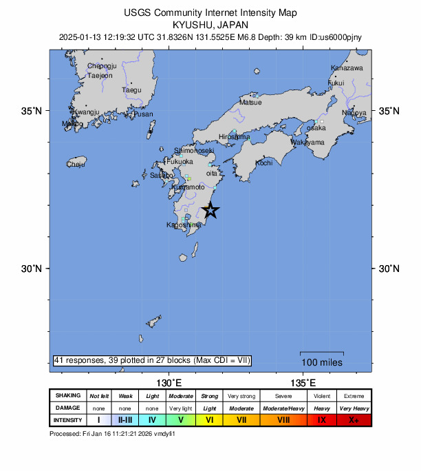USGS DYFI community-reported intensity map for the M6.8 earthquake near 15 km SE of Miyazaki, Japan