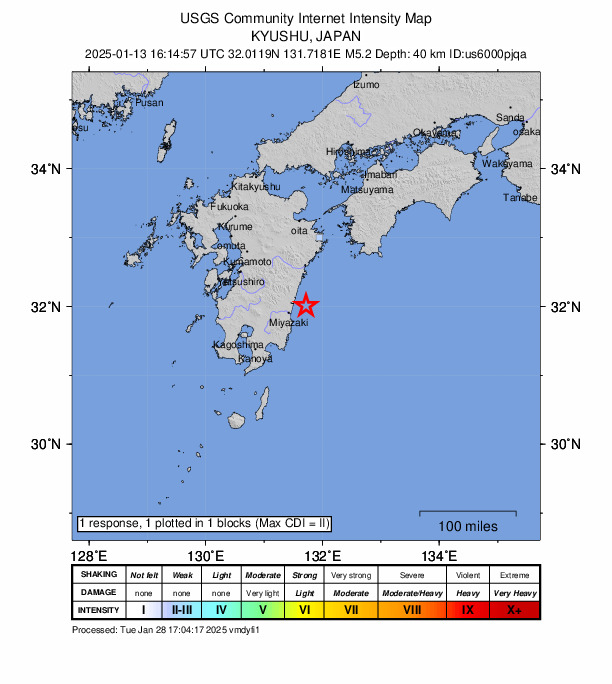 USGS DYFI community-reported intensity map for the M5.2 earthquake near 24 km ESE of Takanabe, Japan
