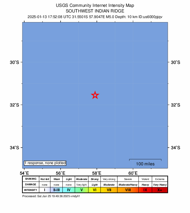 USGS DYFI community-reported intensity map for the M5.0 earthquake near Southwest Indian Ridge