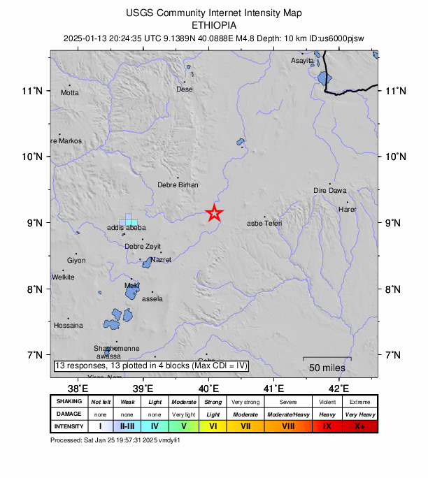 USGS DYFI community-reported intensity map for the M4.8 earthquake near 19 km NNW of Āwash, Ethiopia