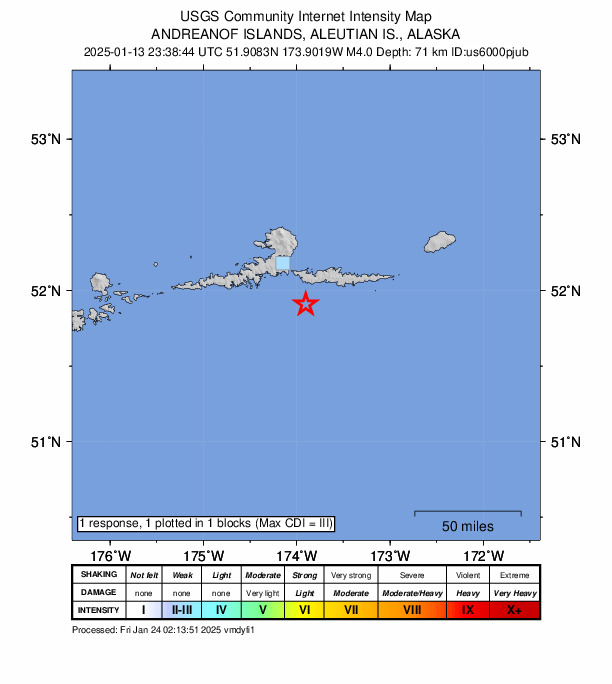 USGS DYFI community-reported intensity map for the M4.0 earthquake near 38 km SSE of Atka, Alaska