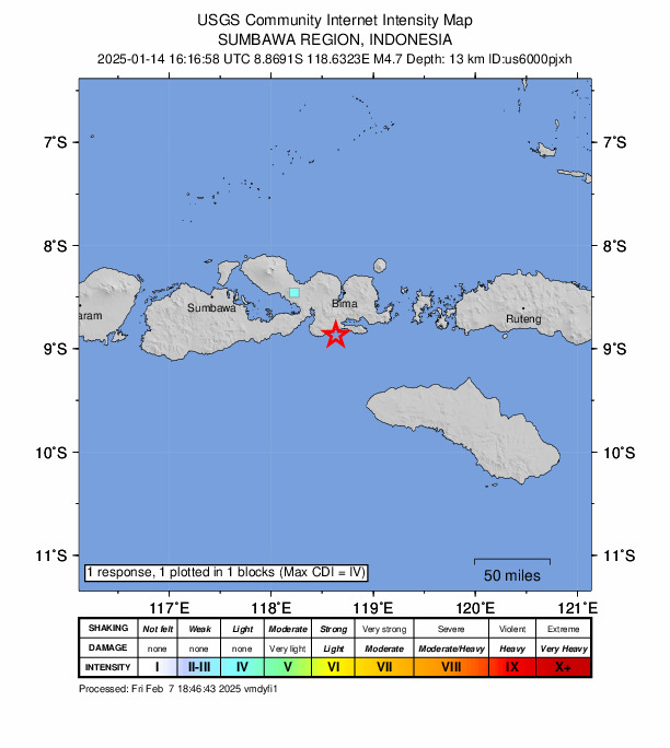USGS DYFI community-reported intensity map for the M4.7 earthquake near 39 km SSE of Dompu, Indonesia