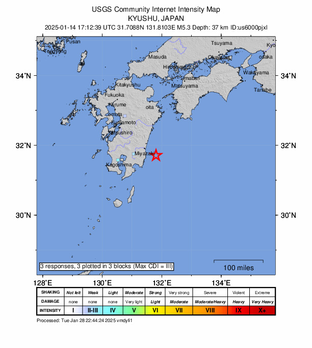 USGS DYFI community-reported intensity map for the M5.3 earthquake near 43 km ENE of Nichinan, Japan