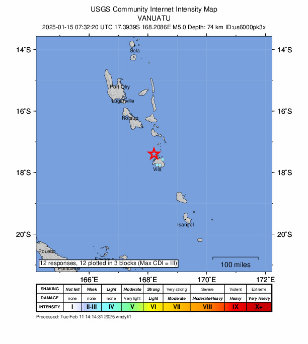 USGS DYFI community-reported intensity map for the M5.0 earthquake near 39 km NNW of Port-Vila, Vanuatu