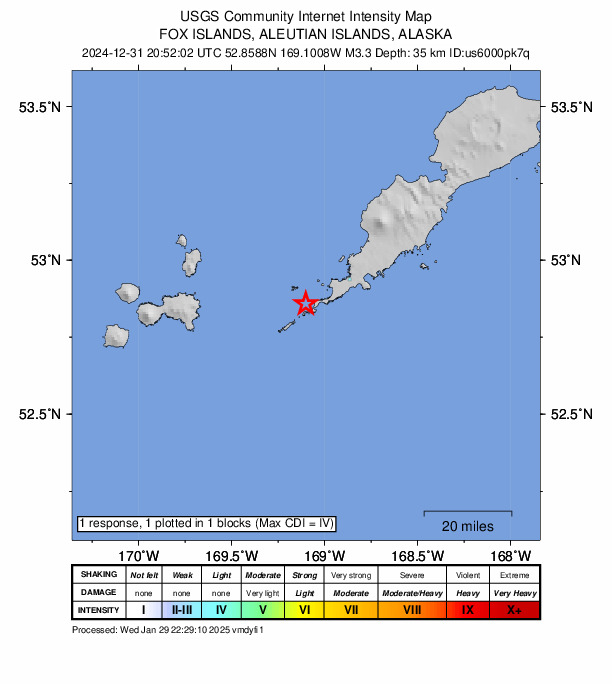 USGS DYFI community-reported intensity map for the M3.3 earthquake near 20 km SW of Nikolski, Alaska