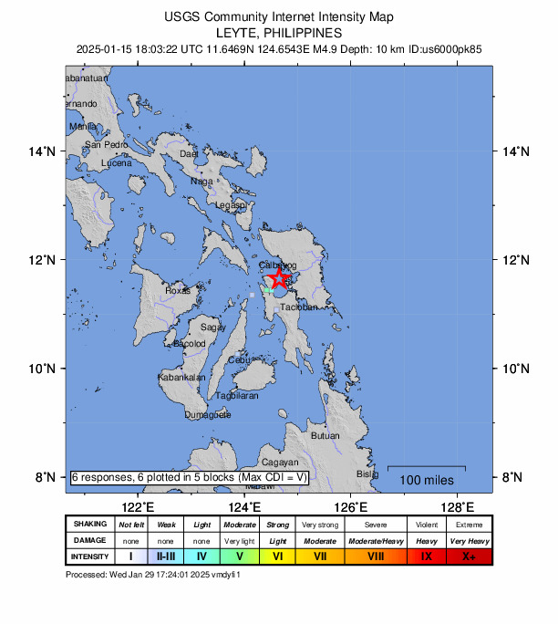 USGS DYFI community-reported intensity map for the M4.9 earthquake near 11 km NE of Caibiran, Philippines