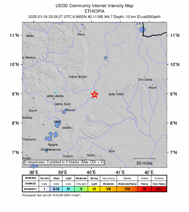 USGS DYFI community-reported intensity map for the M4.7 earthquake near 6 km WSW of Āwash, Ethiopia