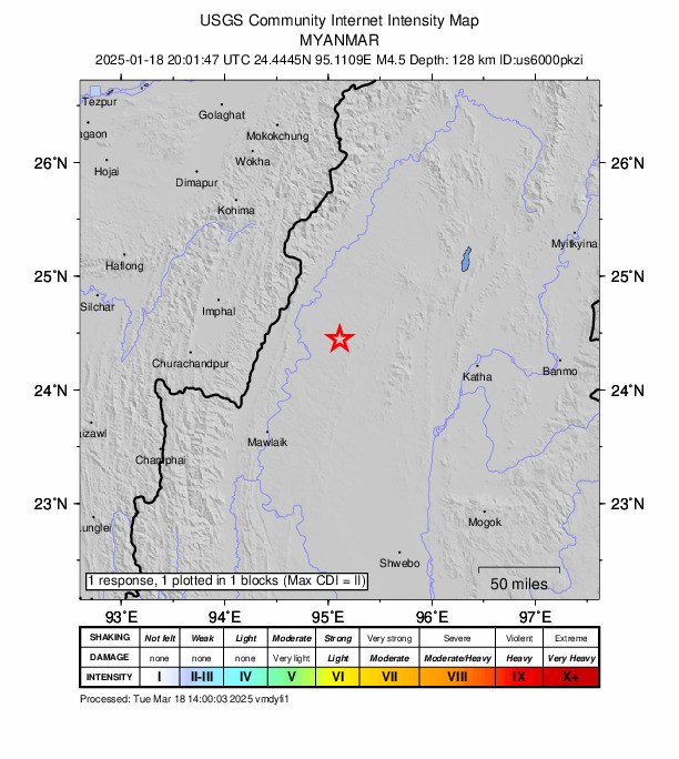 USGS DYFI community-reported intensity map for the M4.5 earthquake near 107 km E of Wāngjing, India